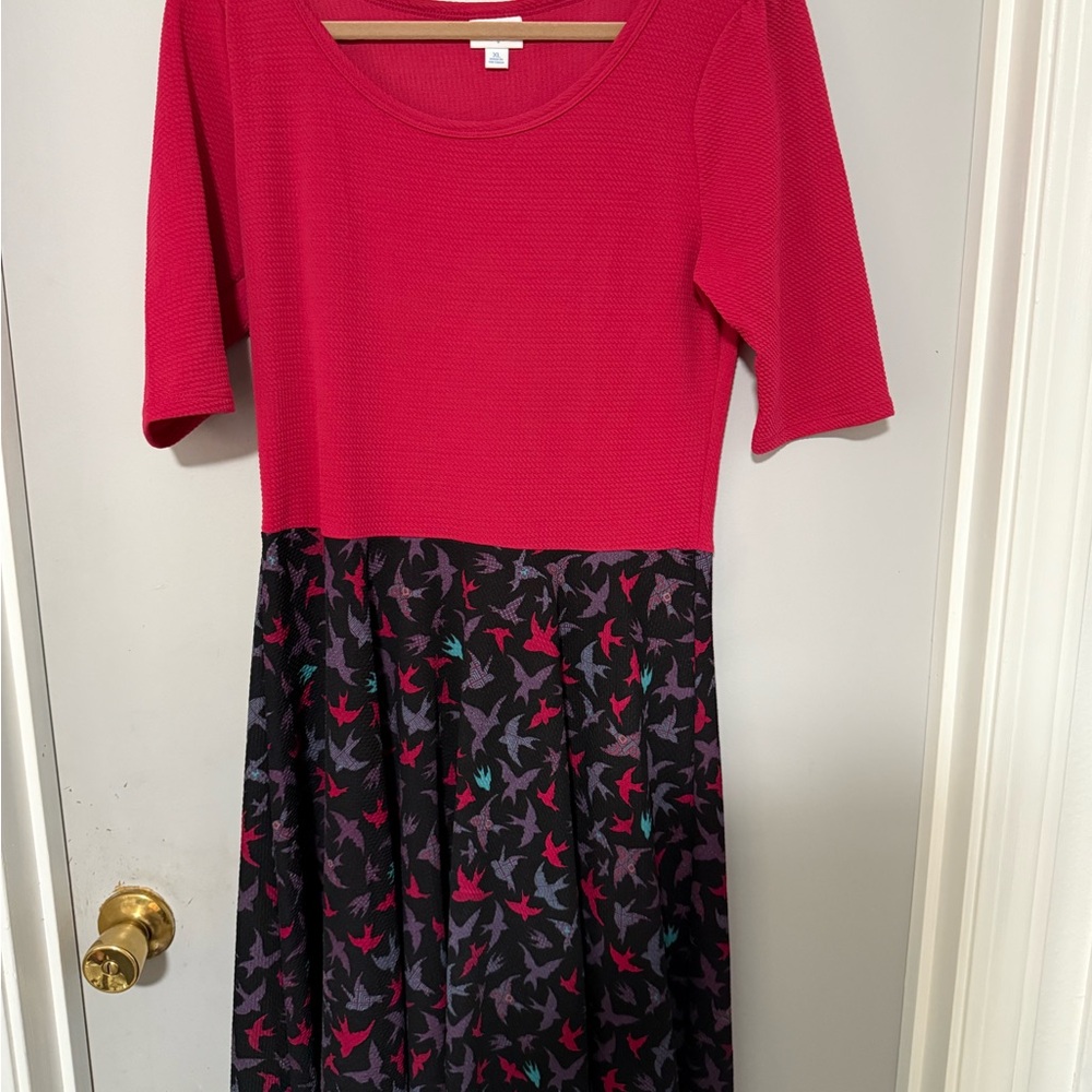LuLaRoe Vibrant Pink Top Dress Birds on bottom.